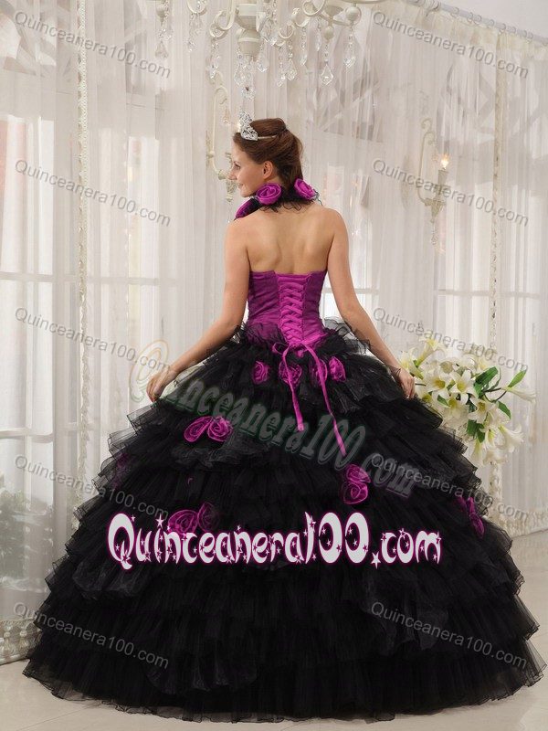 Fuchsia and Black Halter Sweet 15 Dress with Handmade Flowers and Ruffles