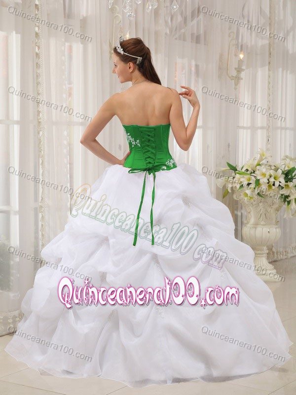 White and Green Sweet Sixteen Dresses with Embroidery and Pick Ups