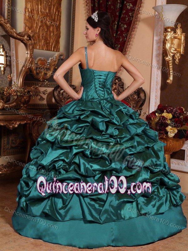 One Shoulder Teal Taffeta Quinceanera Dresses with Pick-ups