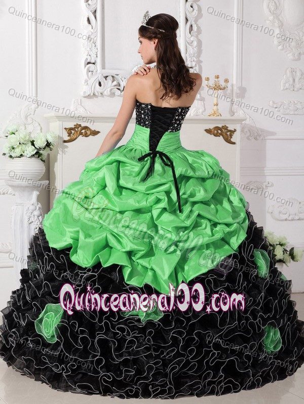 Green and Black Beaded Quinceanera Dresses with Rolling Flowers
