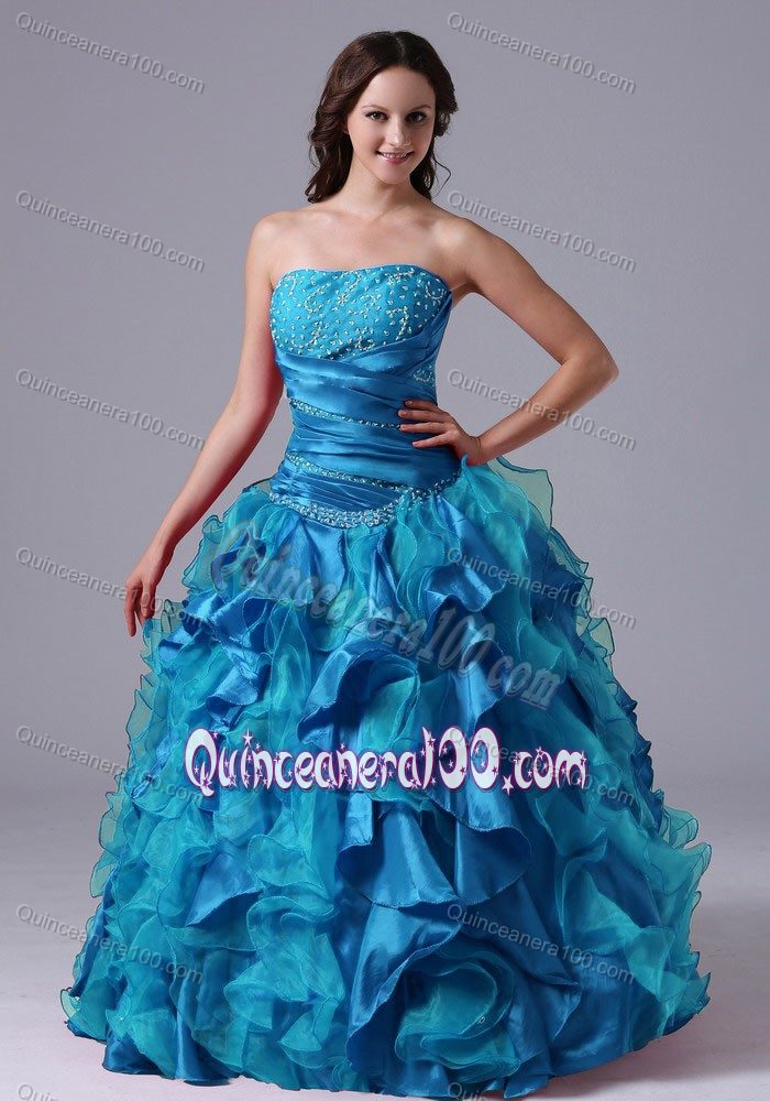 Teal Strapless Quinceanera Dresses with Ruch and Ruffles
