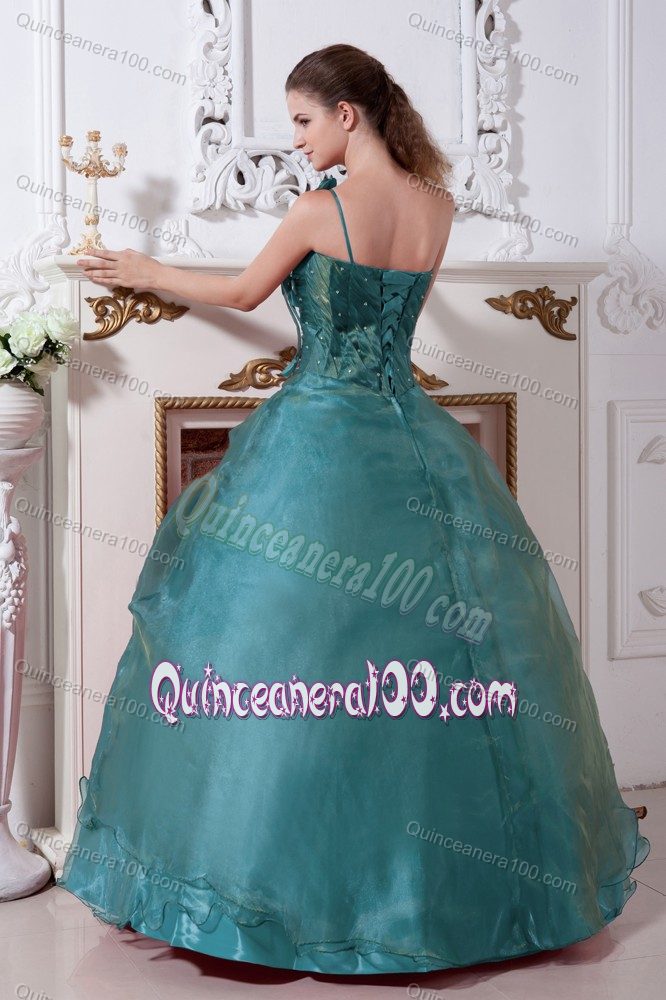 Turquoise One Shoulder Quinceanera Dresses with Hand-made Flowers
