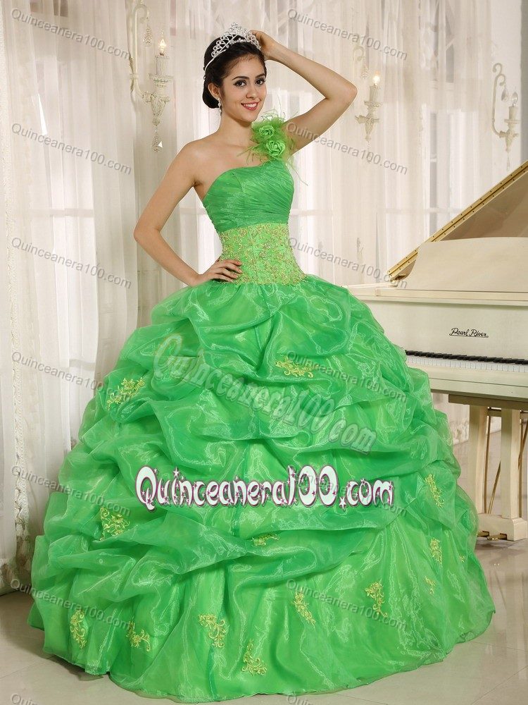 Spring Green One Shoulder Quinceneara Dresses with Pick-ups
