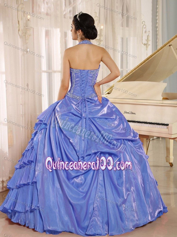 Blue Halter Beaded Layered Quinceneara Dresses with Pleats