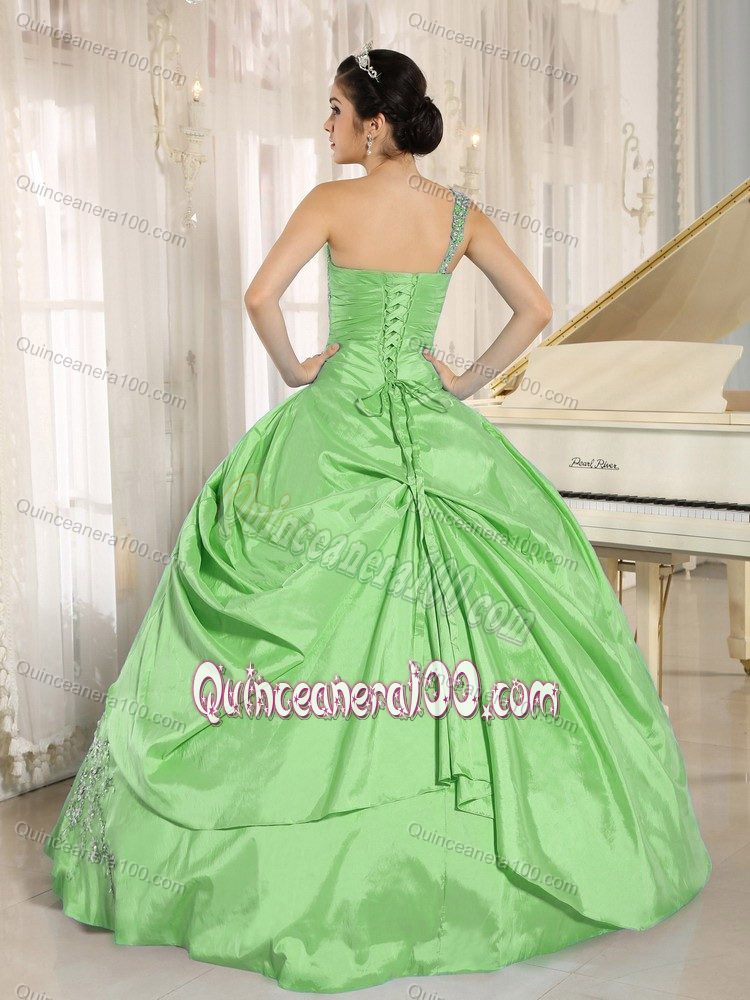Spring Green One Shoulder Quinceneara Dresses with Appliques