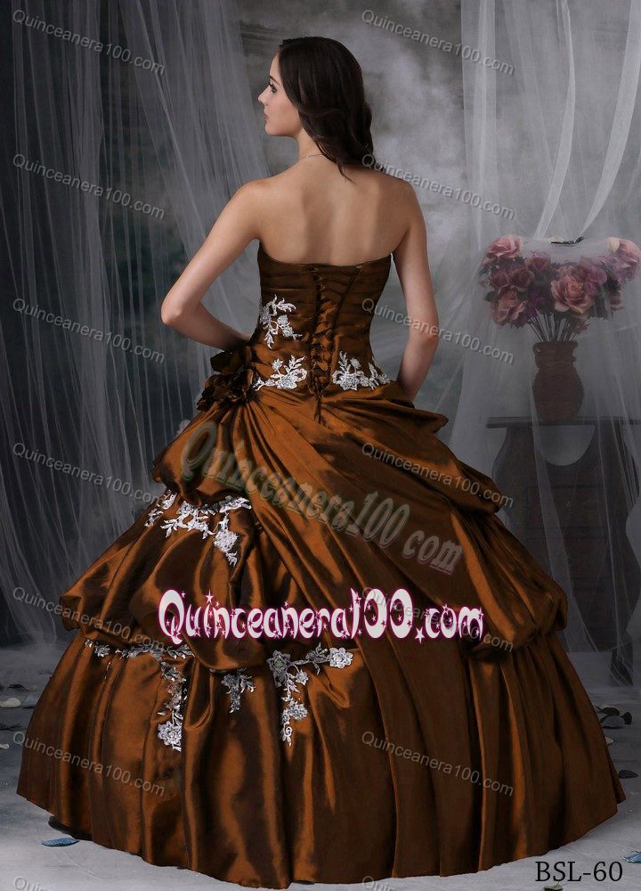 Brown Appliqued Strapless Sweet 15/16 Birthday Dress with Pleats