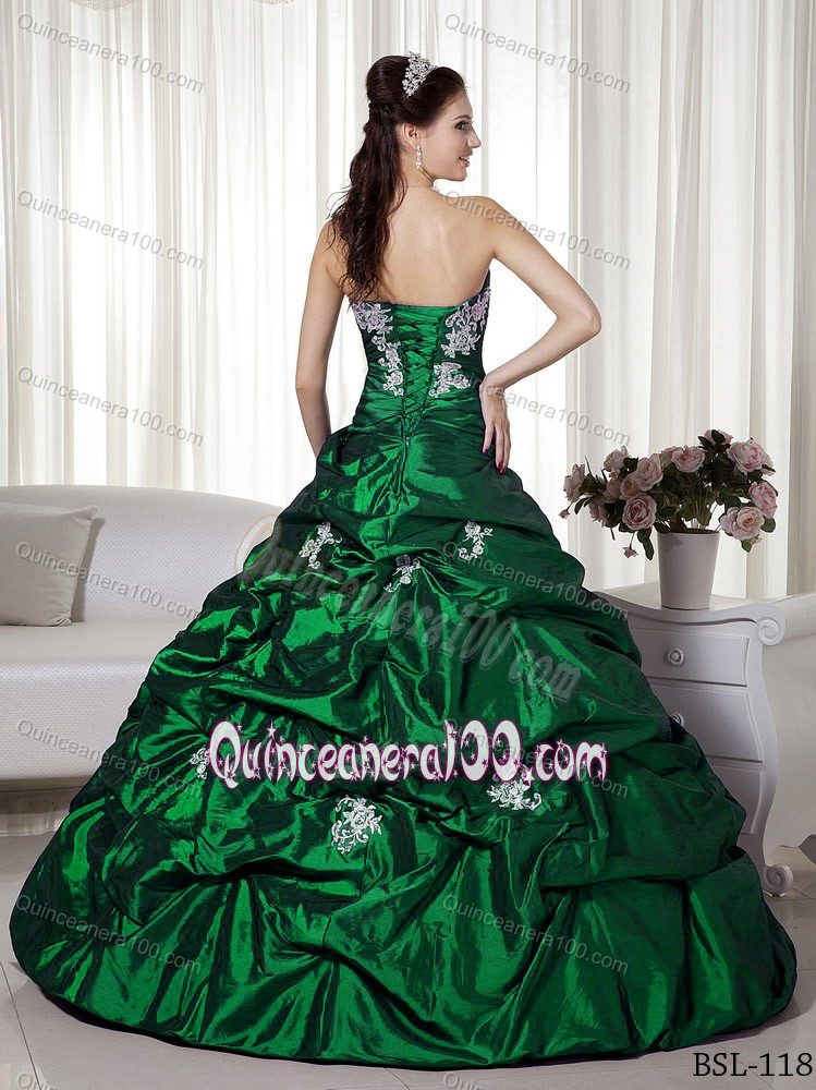 forest Green Appliqued Dresses for a Quince with Pick-ups