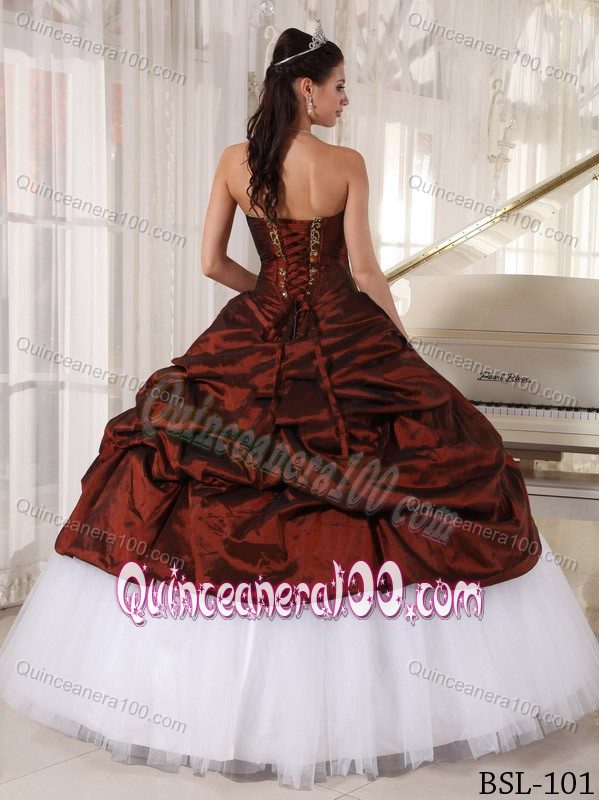 Taffeta and Tulle Wine Red and White Sweet 16 Dresses with Pick-ups