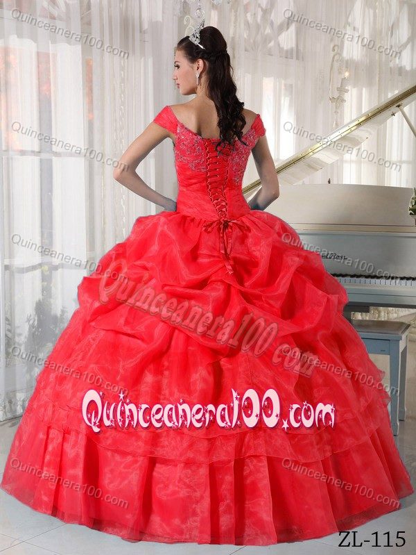 Red off Shoulders Tiered Dress for Quince with Pick-ups