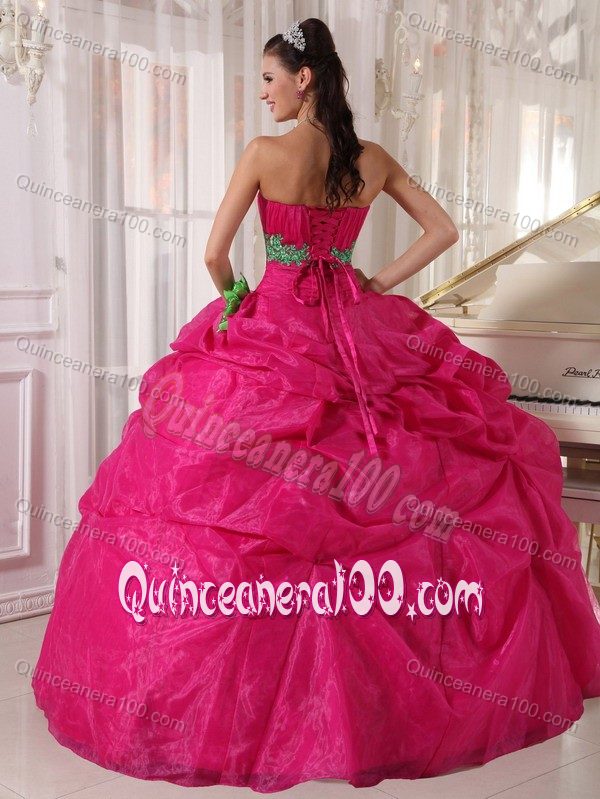 Hot Pink Quinceanera Dress with Pick-ups and Green Appliques