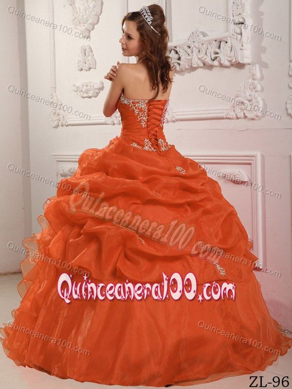 Orange Red Ruffled Dress for Quince with Appliques and Pick-ups