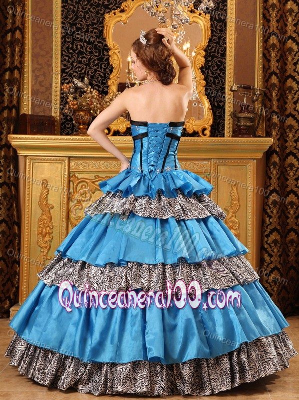Blue Dress for Quince with Tiers and Leopard Lace up Back