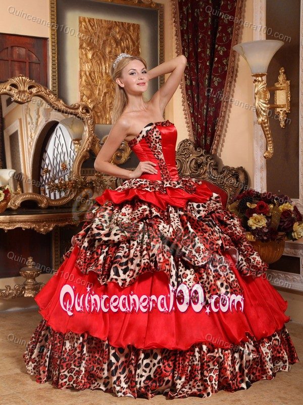 Red Tiered Quinces Dresses with Leopard and Pick-ups