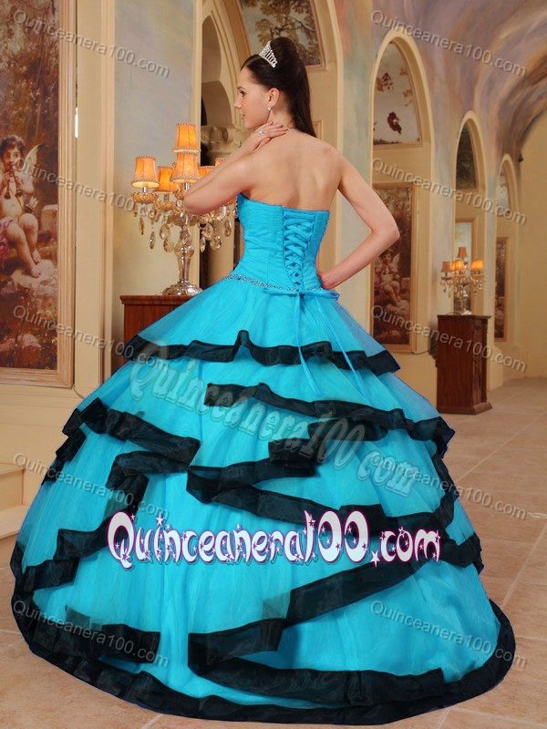 Unique Strapless Beading Blue Dress for Sweet 15 Organza Hot Sale