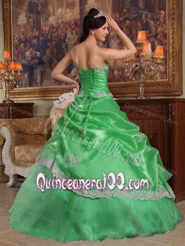 Exquisite Appliques Sweetheart Organza Sweet fifteen Dress in Green