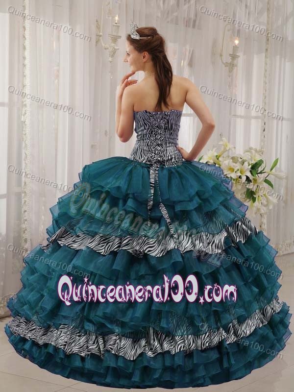 2014 Zebra Print Strapless La Quinceanera Dresses with Ruffled Layers