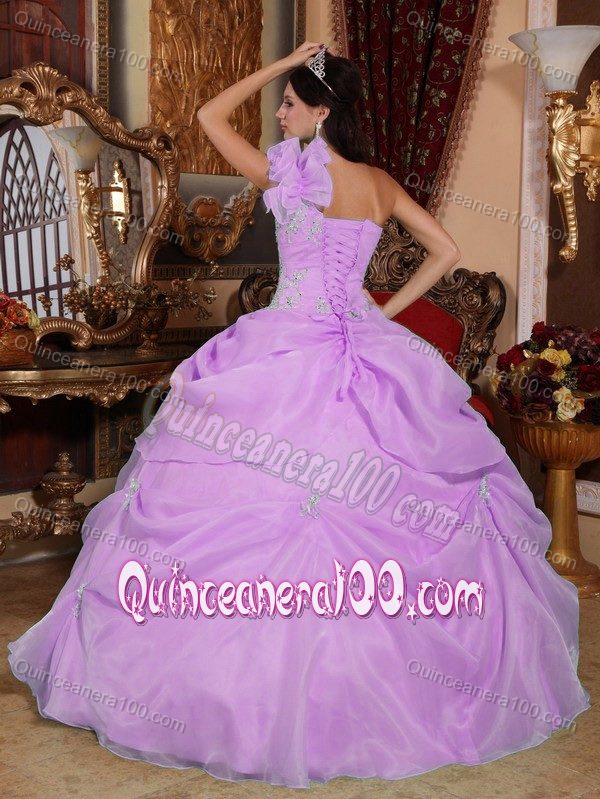 New Lilac One Shoulder Organza Sweet 15 Dress with Appliques