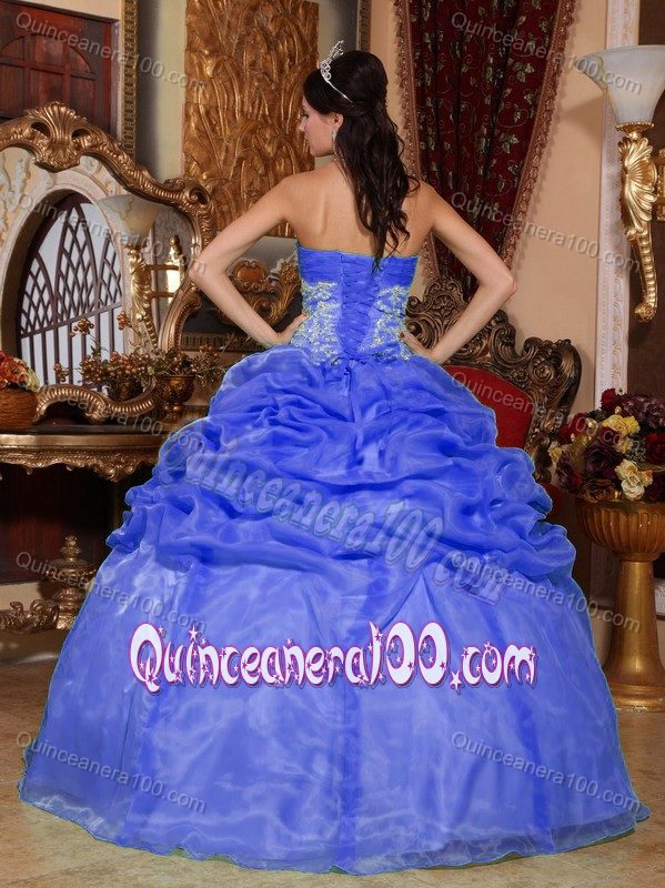 Affordable Organza Blue Strapless Dress Quinceanera with Pick-ups