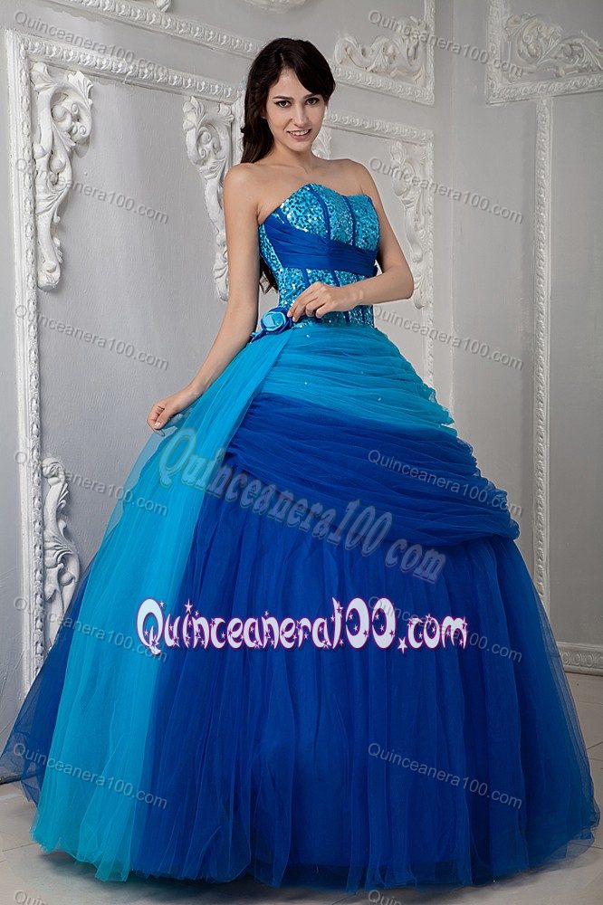 Delish Blue Ruches Sweetheart Quinceanera Party Dress with Sequins