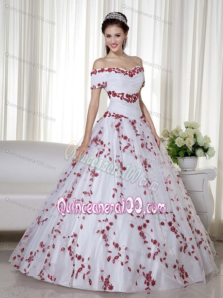 White and Red Off the Shoulder Dress for a Quince with Embroidery