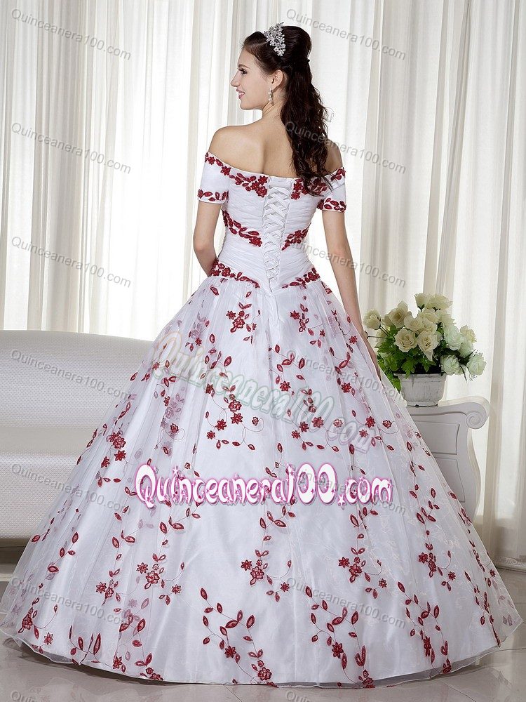 White and Red Off the Shoulder Dress for a Quince with Embroidery