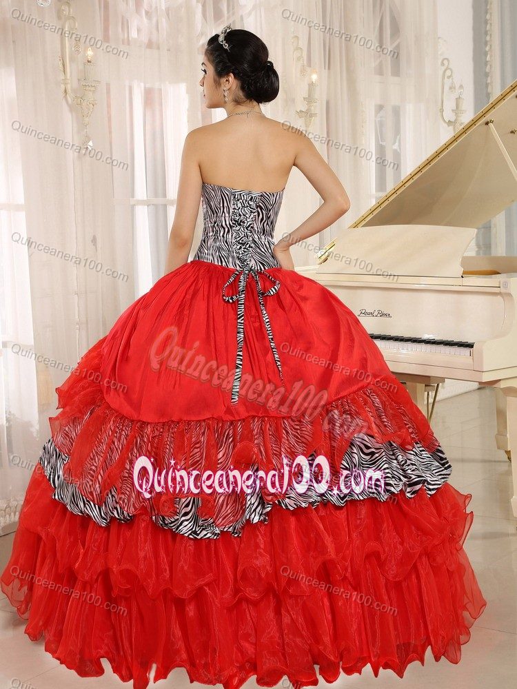 Coral Red Organza Dresses for Sweet 15 Sweetheart with Zebra Print