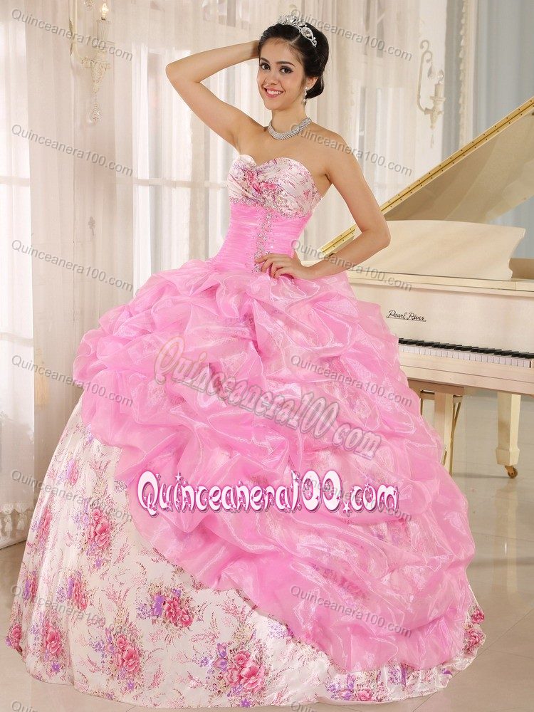 Attractive Sweetheart Printing Taffeta Sweet 15 Dresses with Pick-ups
