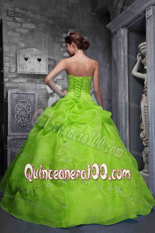 Spring Green Strapless Organza Quinceanera Gowns with Embroidery