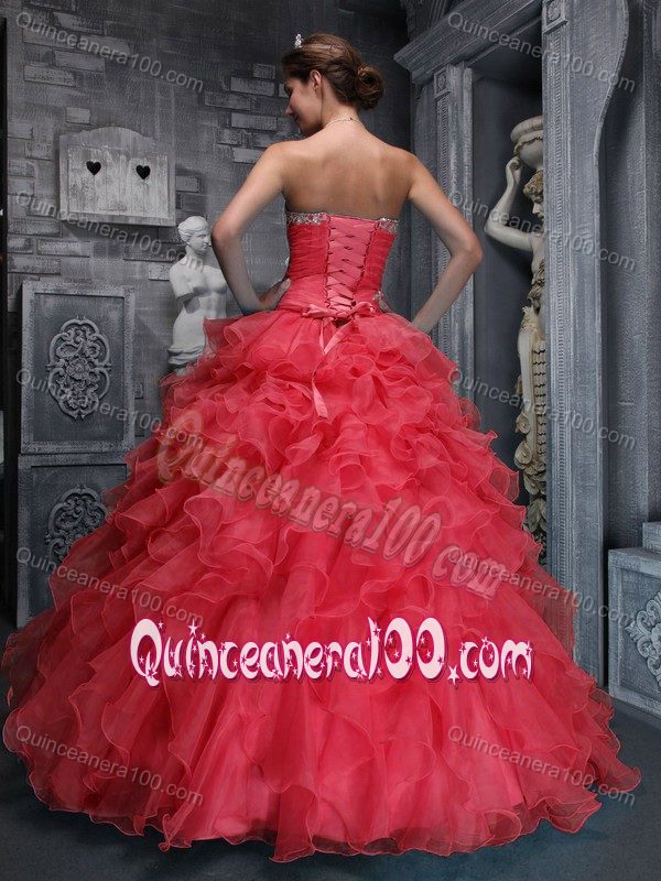 Red Sweetheart Quinces Dresses Beading with Appliques and Ruffles