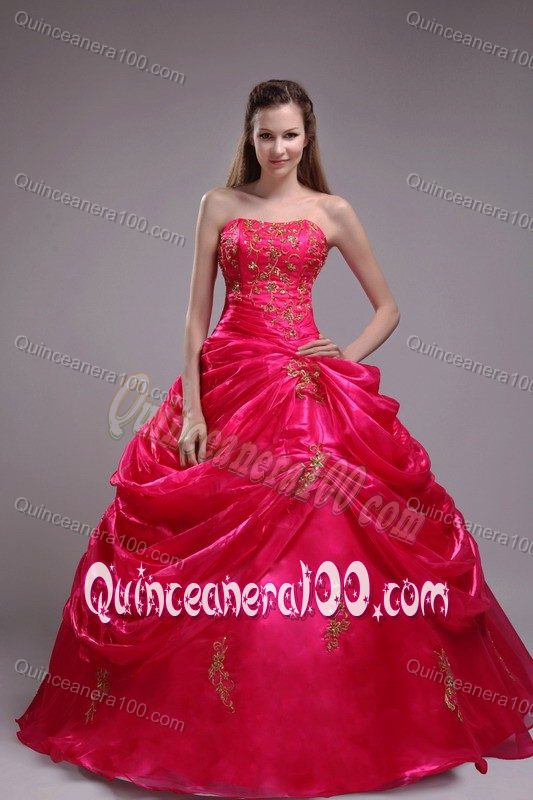 Red Ball Gown Quinceanera Dresses Appliques with Pick-ups