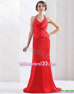 New Style Backless Halter Top Dama Dress in Coral Red for 2015