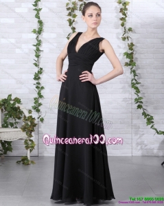 2015 New Style V Neck Floor Length Dama Dress in Black
