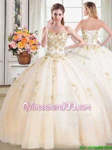 Affordable Puffy Skirt Sweetheart Beaded Champagne Quinceanera Dress in Tulle