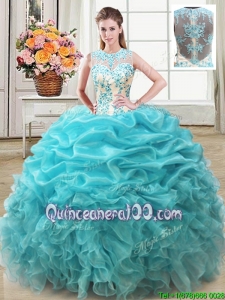 Fashionable Ruffled and Beaded Bodice Organza Quinceanera Dress in Aqua Blue