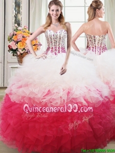 Most Popular Puffy Beaded Bodice and Ruffled Quinceanera Dress in White and Red