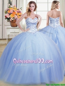 Simple Really Puffy Beaded Bodice Light Blue Sweet 15 Dress in Tulle