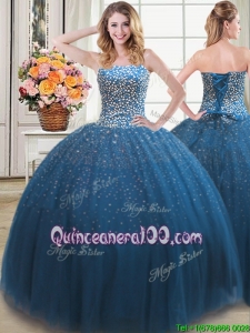 Classical Puffy Sweetheart Beaded Bodice Tulle Teal Quinceanera Dress