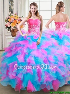Gorgeous Puffy Zipper Up Tulle and Organza Quinceanera Dress in Pink and Blue