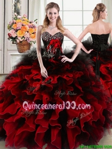 Luxurious Sweetheart Beaded and Ruffled Black and Red Quinceanera Dress