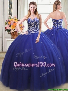 Most Popular Beaded Bodice Royal Blue Sweet 15 Dress in Tulle