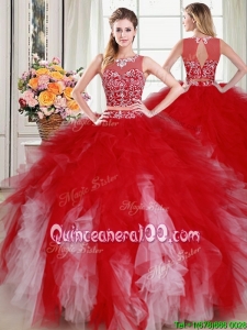 Sexy Two Piece See Through Scoop Red and White Quinceanera Dress with Beading