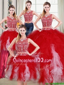 Two Piece See Through Scoop Beaded Detachable Quinceanera Dress in Red and White
