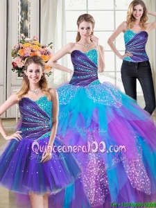 Wonderful Puffy Tulle Beaded and Ruffled Detachable Quinceanera Dress in Rainbow Color