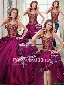 2017 Fashionable Bubble Applique and Beaded Bodice Taffeta Removable Quinceanera Dresses in Burgundy