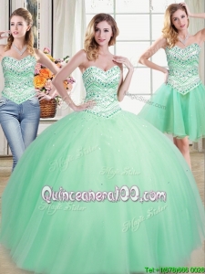 2017 Hot Sale Beaded Sweetheart Apple Green Removable Quinceanera Dresses in Tulle