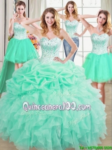 Beautiful Three for One Visible Boning Mint Quinceanera Dress with Beaded Bodice and Ruffles