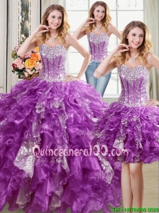 Cute Visible Boning Organza and Sequins Ruffled Detachable Quinceanera Dress in Purple