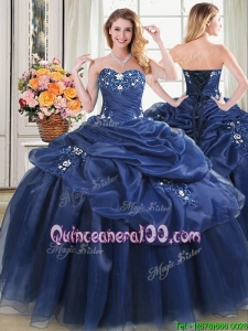 Elegant Navy Blue Sweetheart Quinceanera Dress with Appliques and Pick Ups