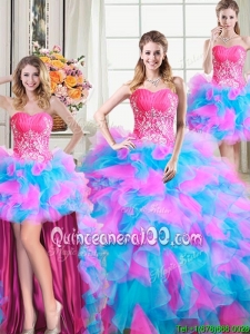 Luxurious Puffy Tulle and Organza Beaded and Ruffled Multi-color Detachable Quinceanera Dress with Zipper Up