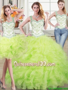 Two for One Straps Ruffled and Beaded Yellow Green Detachable Quinceanera Dress in Organza